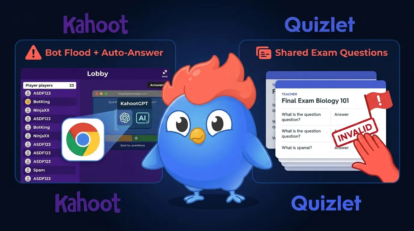 Split-screen cheating risks: Left panel shows Kahoot lobby flooded with bot-named fake players (ASDF123, Kitty-Tools entries) and KahootGPT Chrome extension icon over a laptop. Right panel shows a Quizlet study set labeled "Final Exam Biology 101" with a teacher's red flag icon overlay. Dark background.