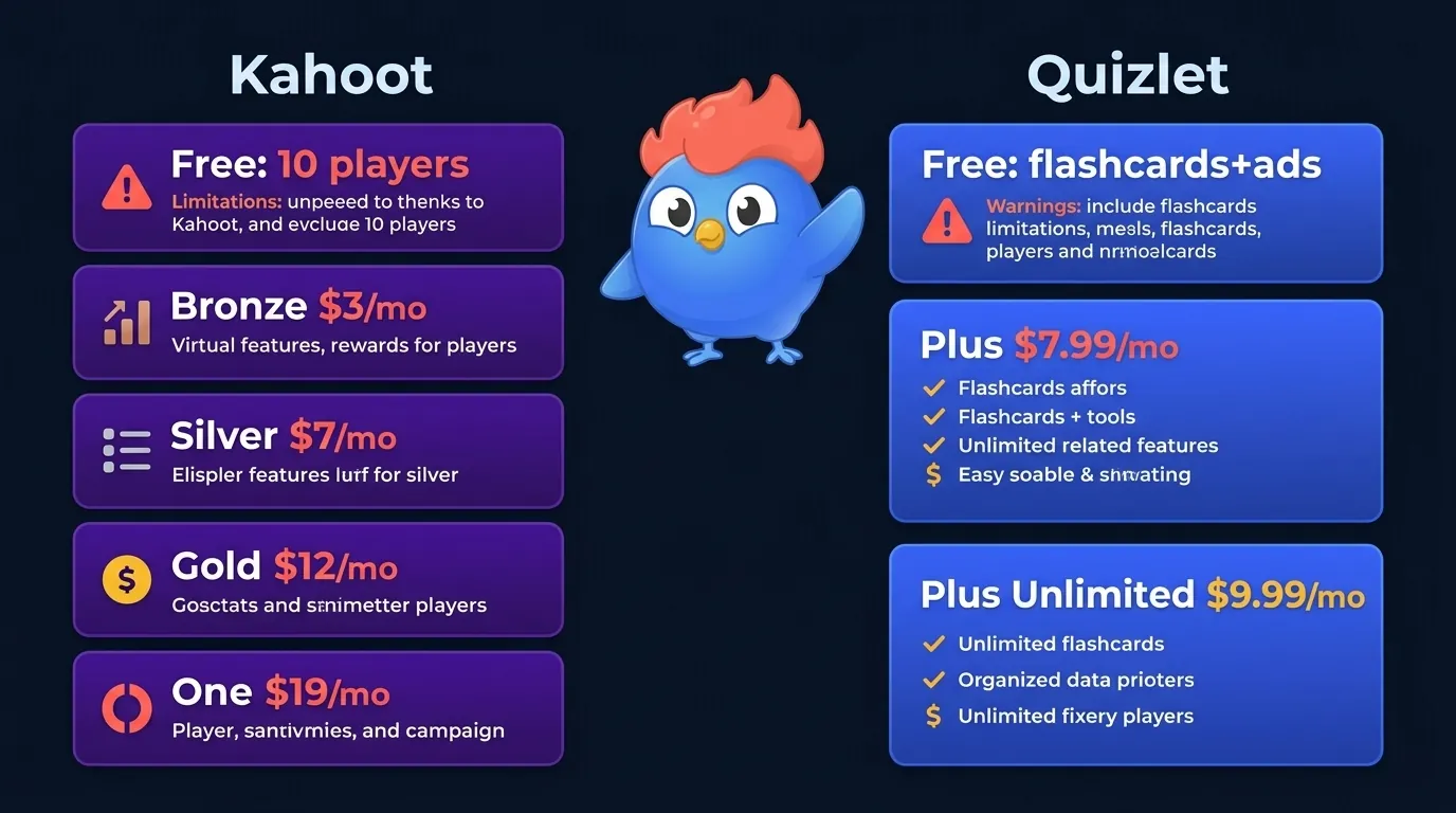 Side-by-side pricing: Kahoot 5 tiers from free (10 players) through Bronze, Silver, Gold, One in purple vs Quizlet 3 tiers from free (flashcards+ads) through Plus and Plus Unlimited in blue, with warning icons on free and Plus tiers showing 2026 caps