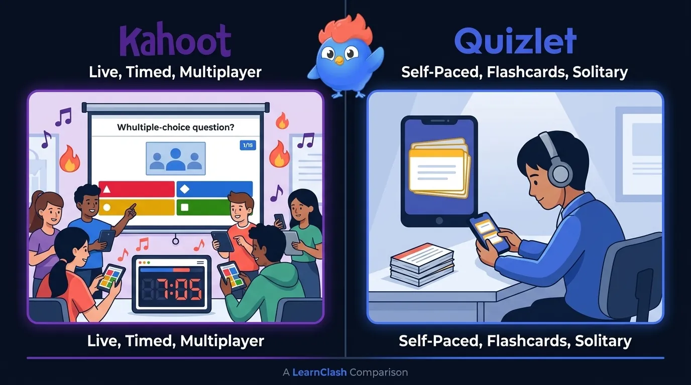 Split-screen: Kahoot live classroom quiz with projector, group of students on devices, and countdown timer vs Quizlet solo study session with flashcard stack and self-paced progress on a single phone