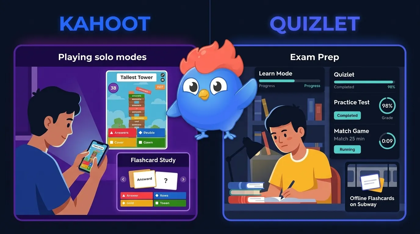 Split-screen: Kahoot solo modes on phone showing Tallest Tower game and casual flashcard study vs Quizlet exam prep with Learn mode progress bar, practice test grade, and Match game timer