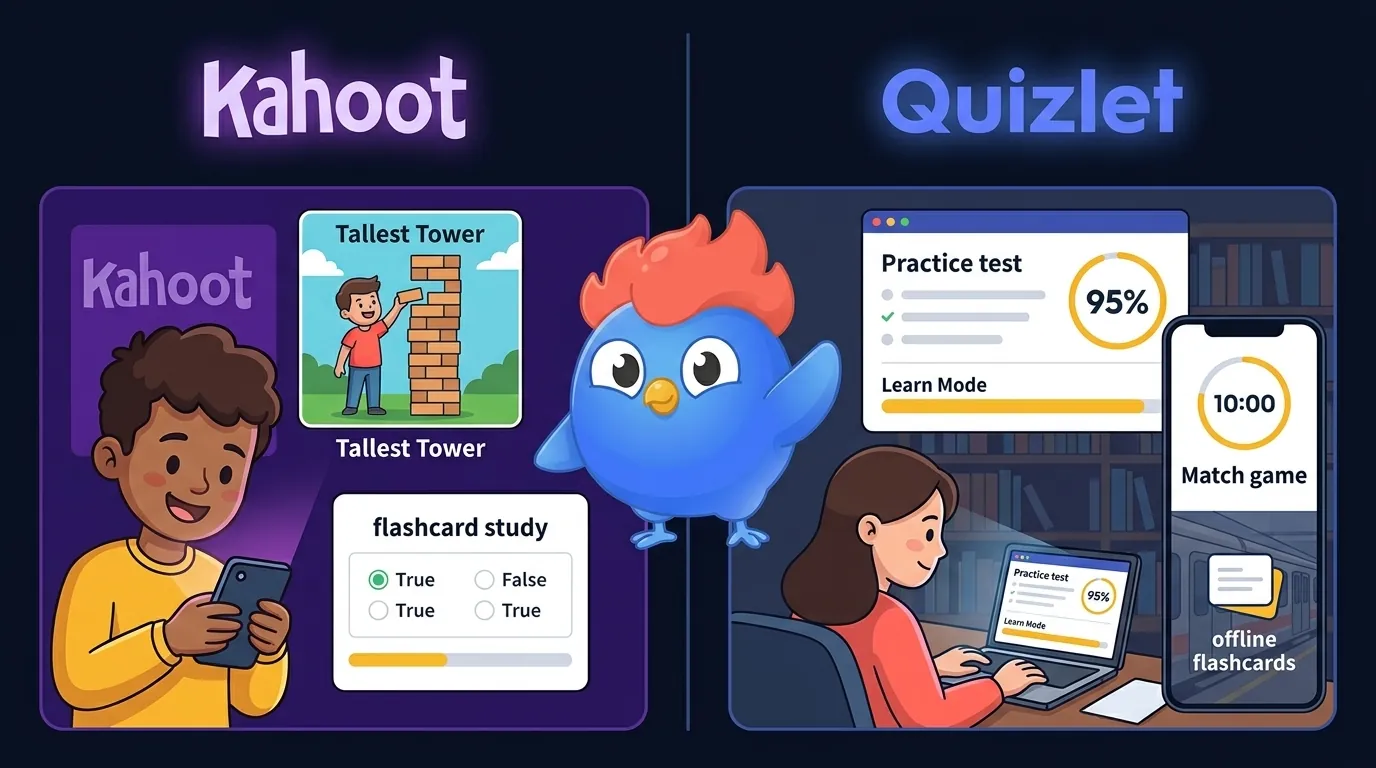 Split-screen: Kahoot solo modes on phone showing Tallest Tower game and casual flashcard study vs Quizlet exam prep with Learn mode progress bar, practice test grade, and Match game timer