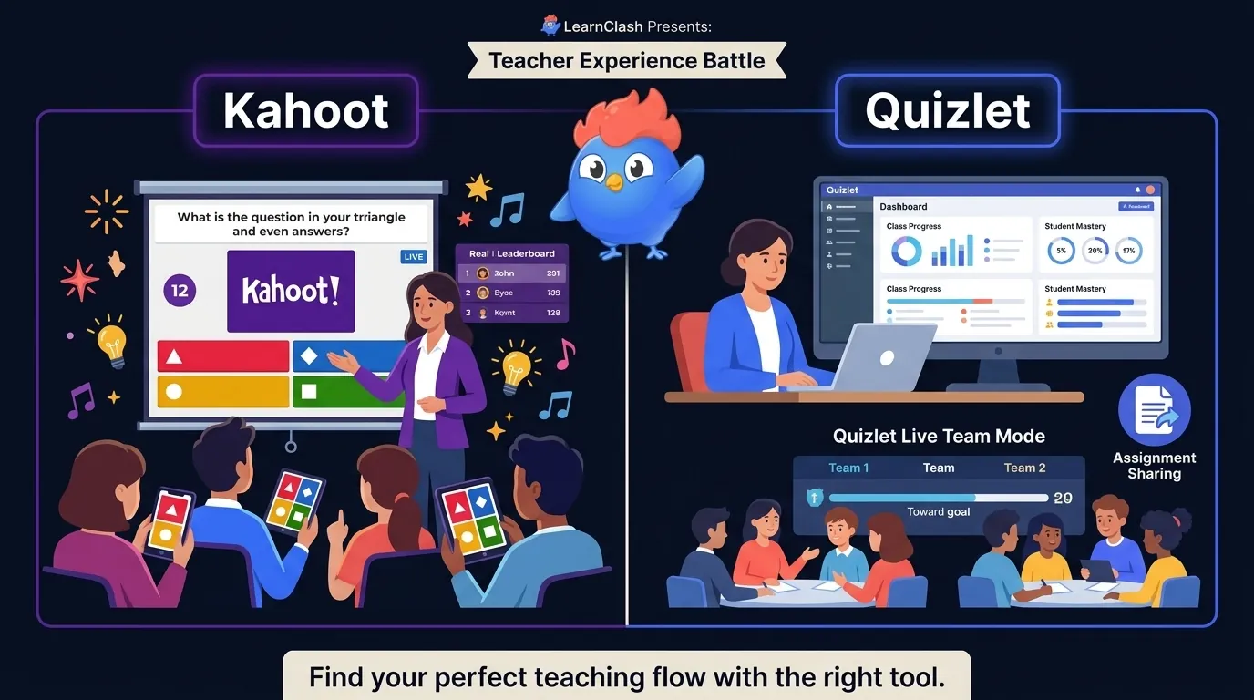 Split-screen: Kahoot teacher at projector with live quiz, student devices showing answers, and real-time leaderboard vs Quizlet teacher dashboard with class progress charts and Quizlet Live team mode