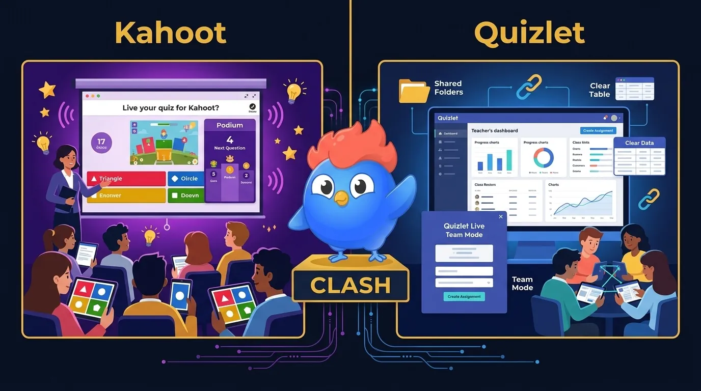 Split-screen: Kahoot teacher at projector with live quiz, student devices showing answers, and real-time leaderboard vs Quizlet teacher dashboard with class progress charts and Quizlet Live team mode