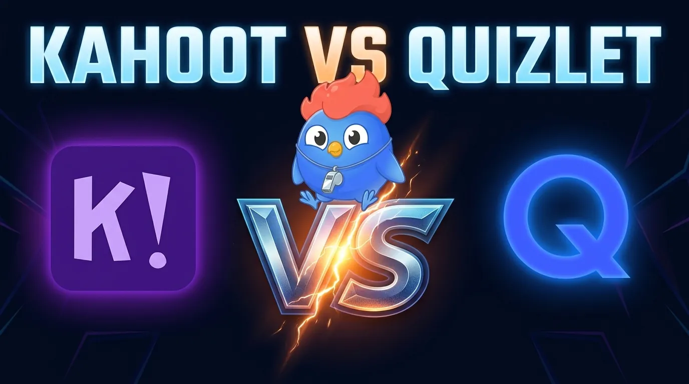 Kahoot vs Quizlet May 2026 comparison: Kahoot live classroom quiz platform with purple branding vs Quizlet self-paced flashcard study tool with blue branding, AI study arms race with the latest ChatGPT model and iOS 26