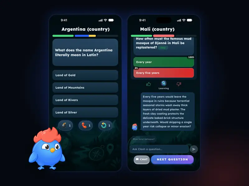 Ohne Text, 4:3: Key Art von LearnClash: zwei echte App-Screens, eine Duellfrage und eine von Clash erklärte Antwort, daneben das Maskottchen Clash auf dunkelblauem Hintergrund