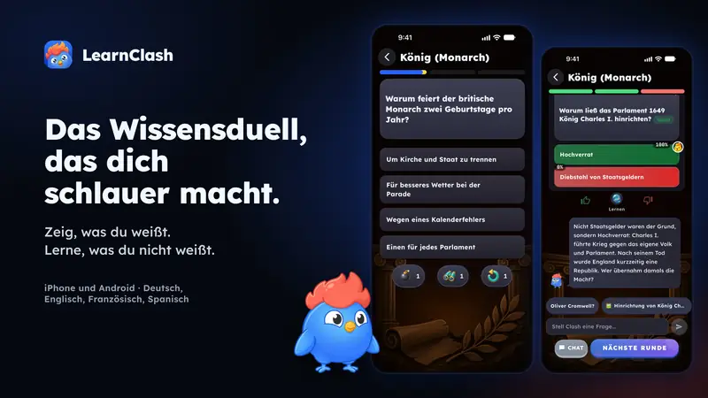 Mit Überschrift, 16:9: Key Art von LearnClash: zwei echte App-Screens, eine Duellfrage und eine von Clash erklärte Antwort, daneben das Maskottchen Clash auf dunkelblauem Hintergrund