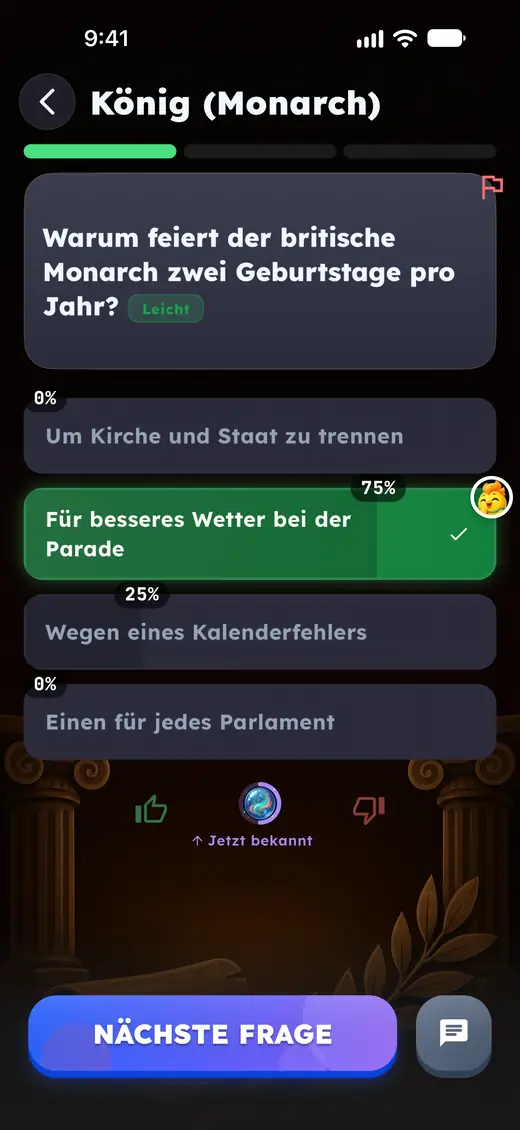 Die Auflösung mit der Wahl des Gegners und der Verteilung der Antworten.