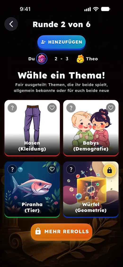 Das Thema der nächsten Runde wird aus einer fair ausgeteilten Hand gewählt.