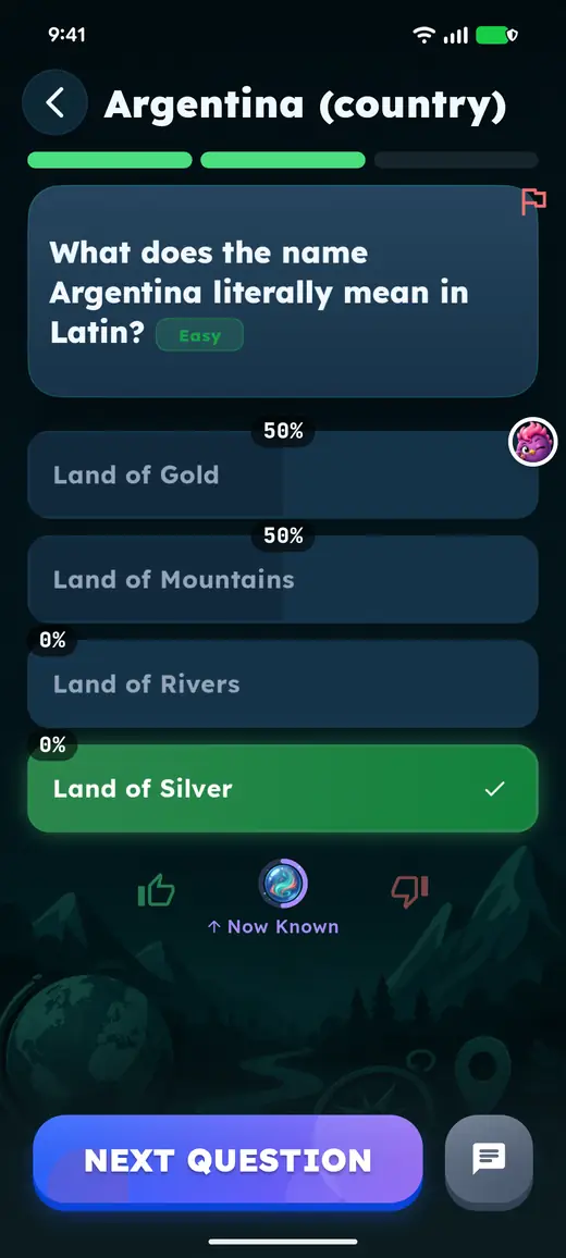 Die Auflösung zeigt beide Antworten: Die Gegnerin wählte „Land of Gold“, richtig ist „Land of Silver“.