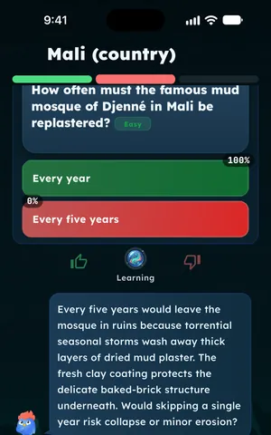 A LearnClash duel question about the mud mosque of Djenné in Mali, with the answer explained by Clash, the in-app tutor