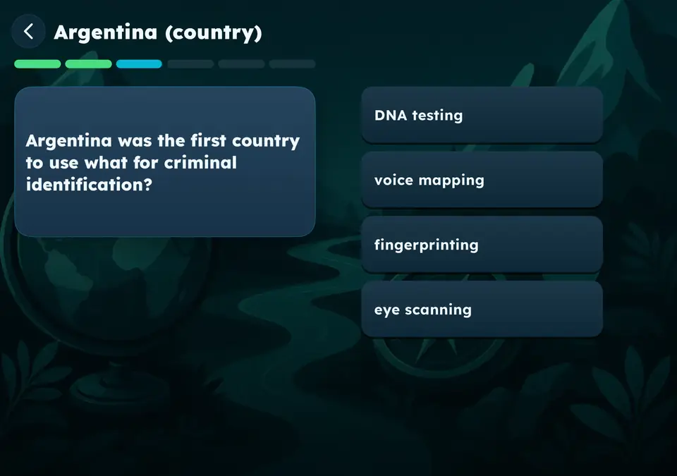 The question on one page, the four answers on the other: Argentina was the first country to use what for criminal identification?