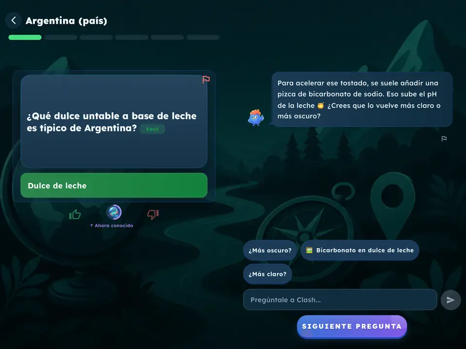 Dulce de leche es la correcta, y la explicación de Clash se abre al lado.
