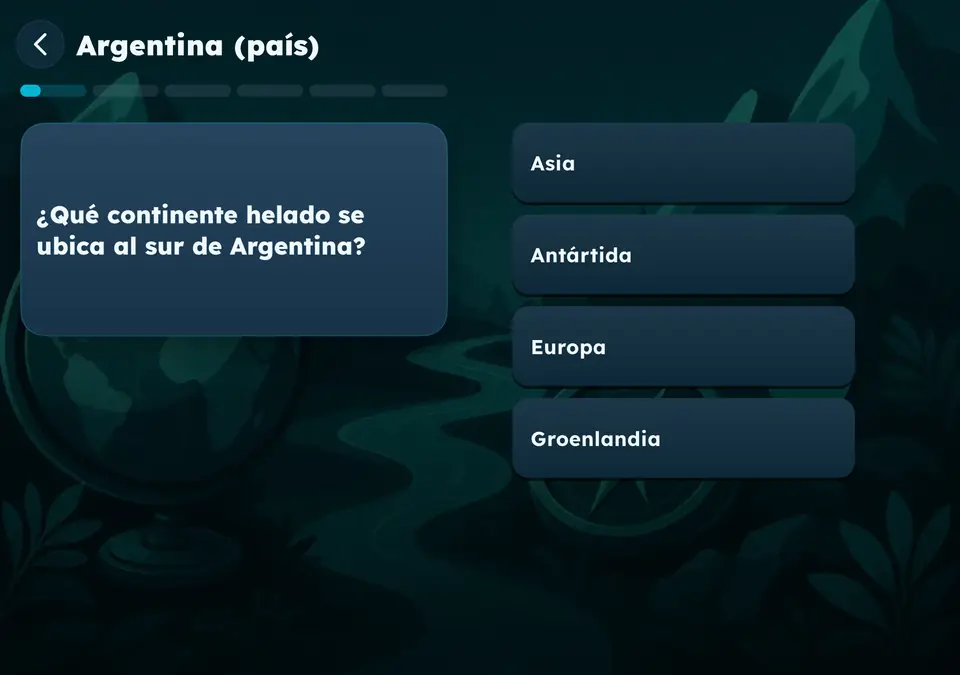 La pregunta en una página y las cuatro respuestas en la otra: ¿qué continente helado se ubica al sur de Argentina?