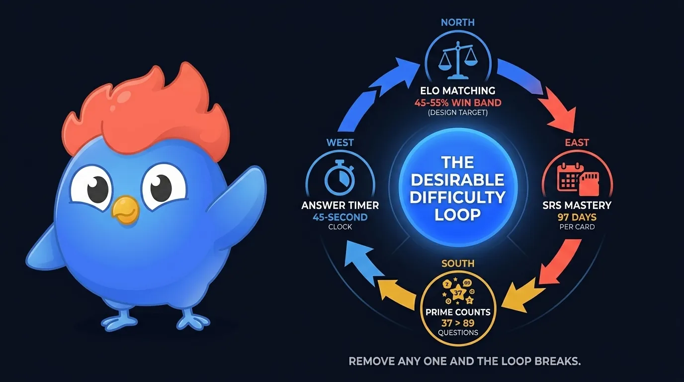 LearnClash bottom line summary: circular diagram connecting four design nodes - ELO matching (balanced band), SRS mastery (around 97 days), prime counts (37 to 89), and the short-round format - with center node labeled "the desirable difficulty loop"