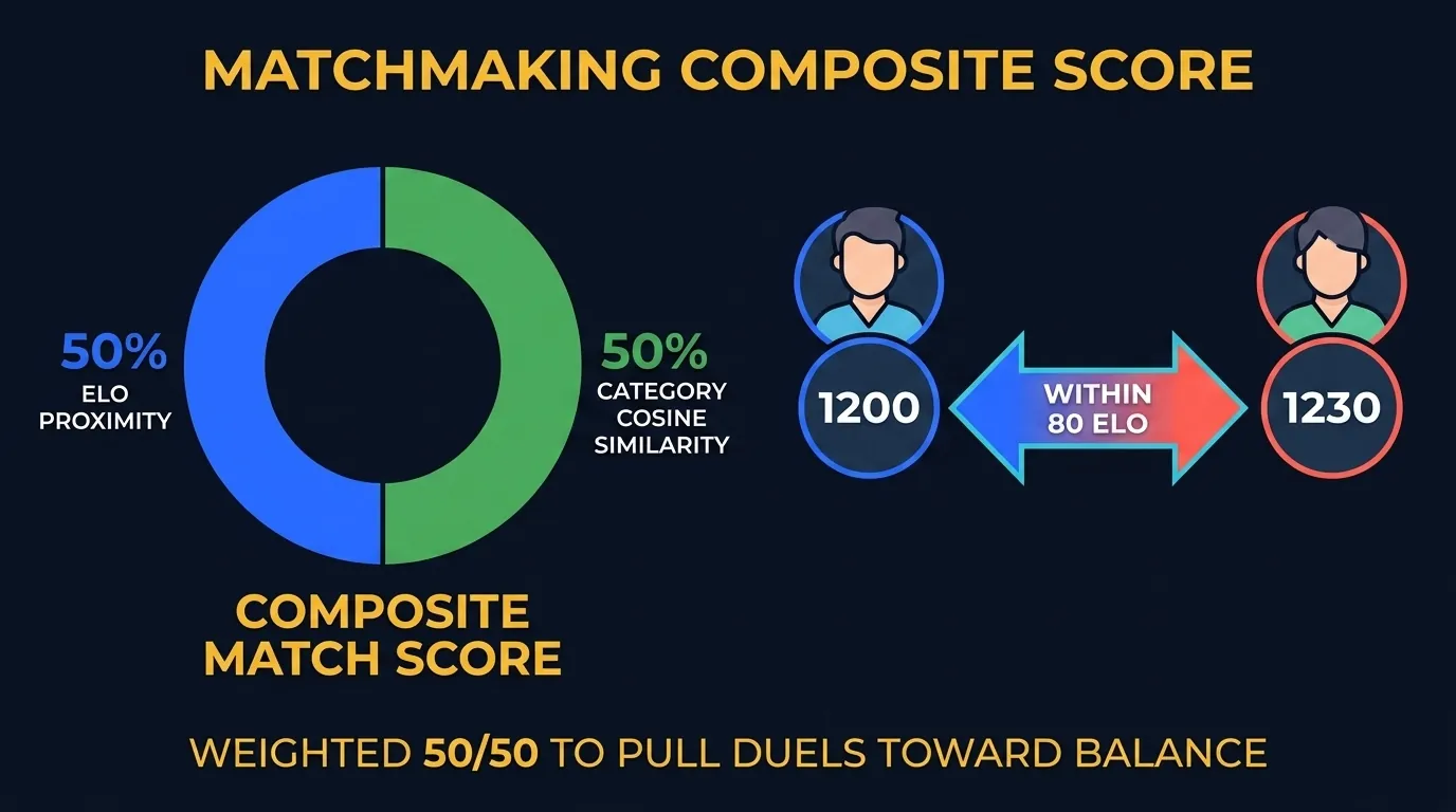 LearnClash matchmaking composite score breakdown: pie chart of 50% ELO proximity and 50% category cosine similarity, illustrating how skill-matched duels trend toward a balanced win expectation without a hard ELO gate