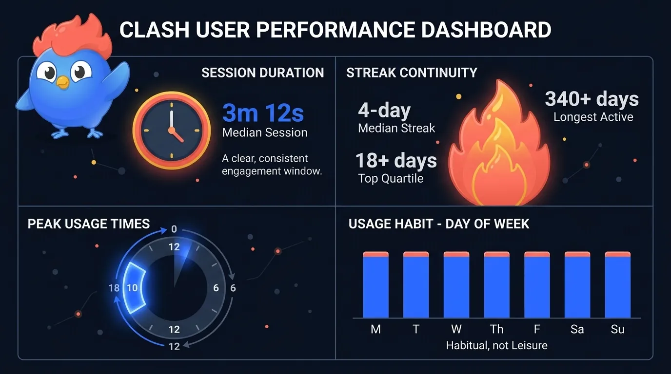 LearnClash session and streak data: infographic showing 3m 12s median session, 4-day median streak, 18+ day top-quartile streak, and a clock pattern chart showing duel start times clustering in the evening 7-10 PM window