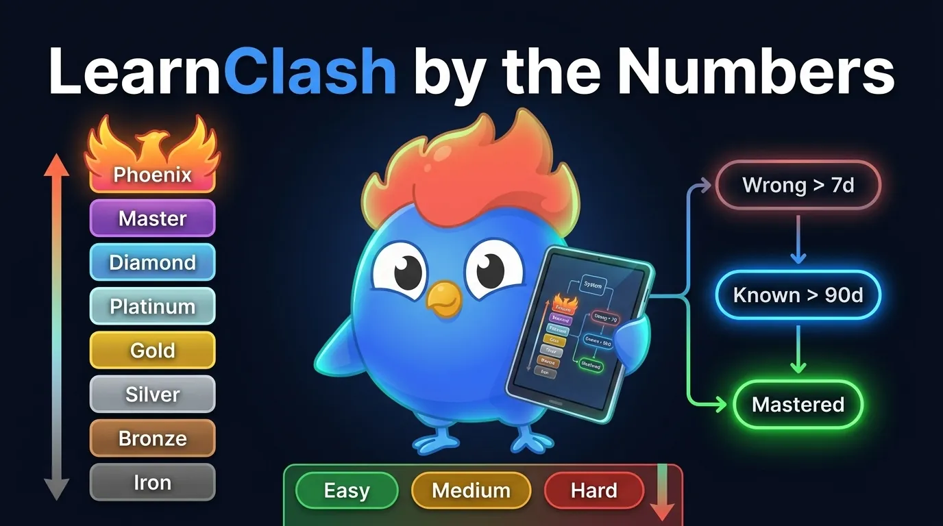 LearnClash by the numbers hero: 22-rank ELO ladder from Iron to Phoenix, 3-stage SRS transition diagram (wrong-7d-known-90d-mastered), and the composite matchmaking blend of ELO proximity and category cosine