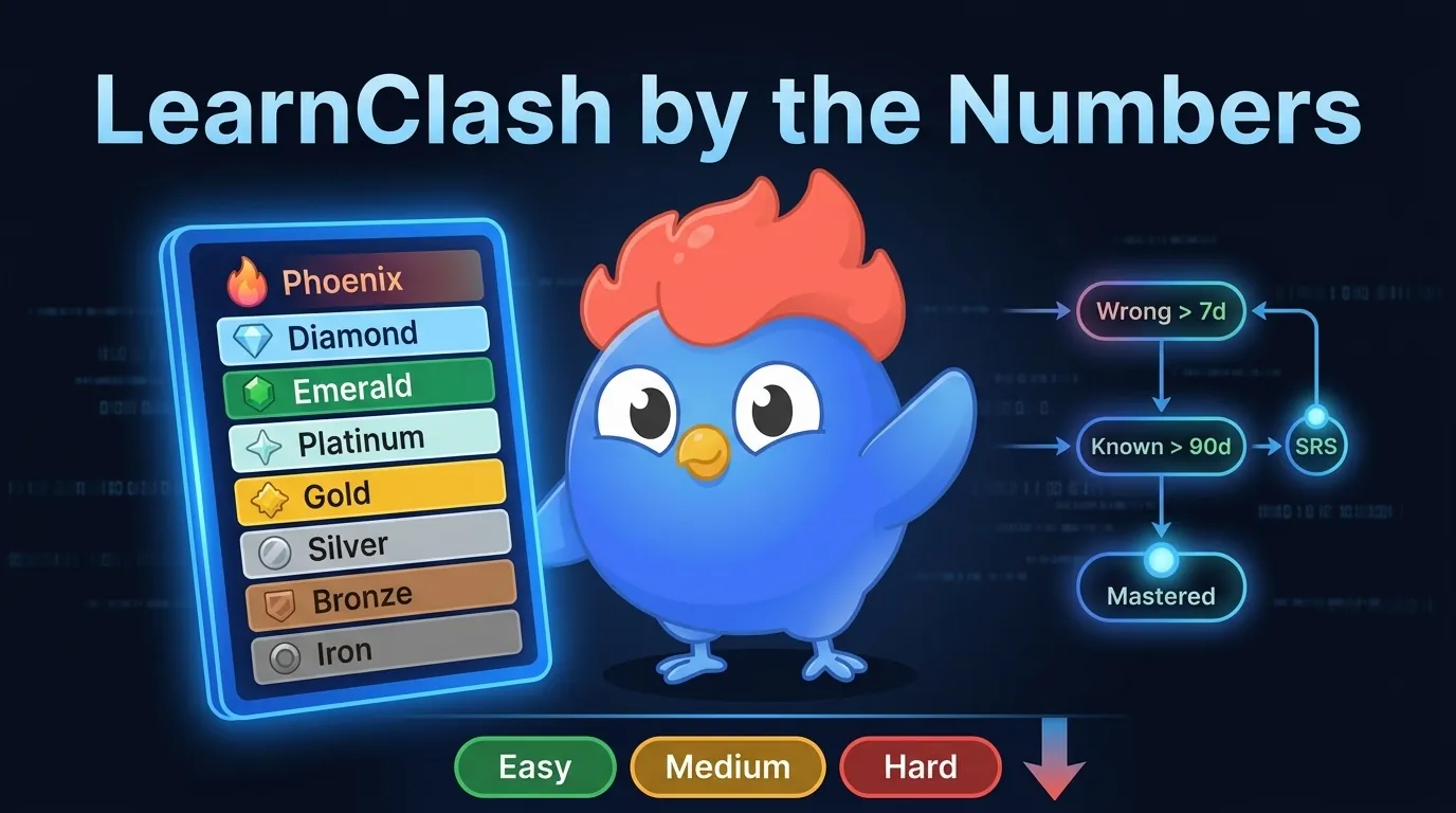 Portada de LearnClash en cifras: escalera ELO de 22 rangos de Hierro a Fénix, flujo del SRS de 3 etapas (fallada-7d-conocida-90d-dominada) y bandas de dificultad fácil-media-difícil