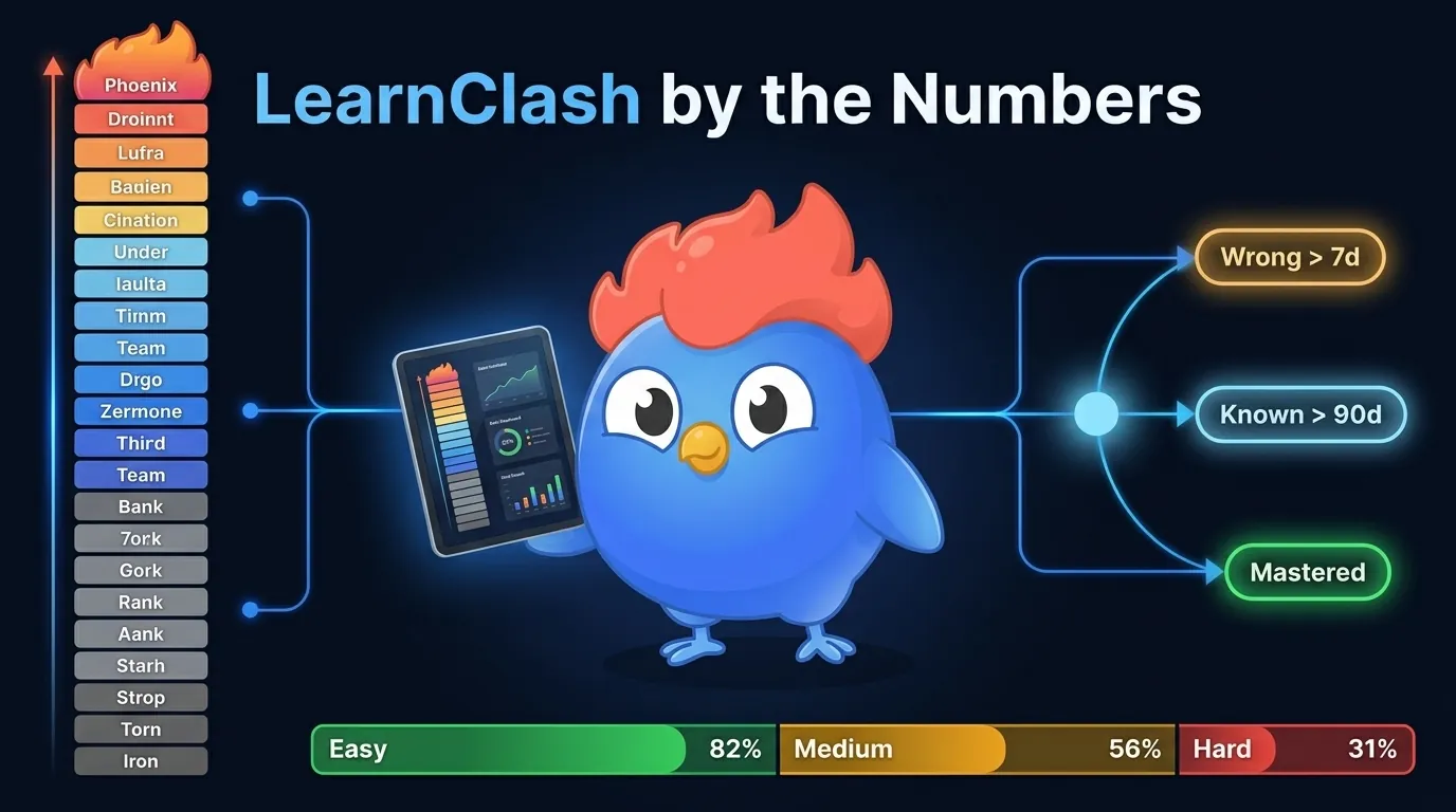 LearnClash by the numbers hero: 22-rank ELO ladder from Iron to Phoenix, 3-stage Mems SRS transition diagram (wrong-7d-known-90d-mastered), and accuracy gap bars showing easy 82% versus hard 31%
