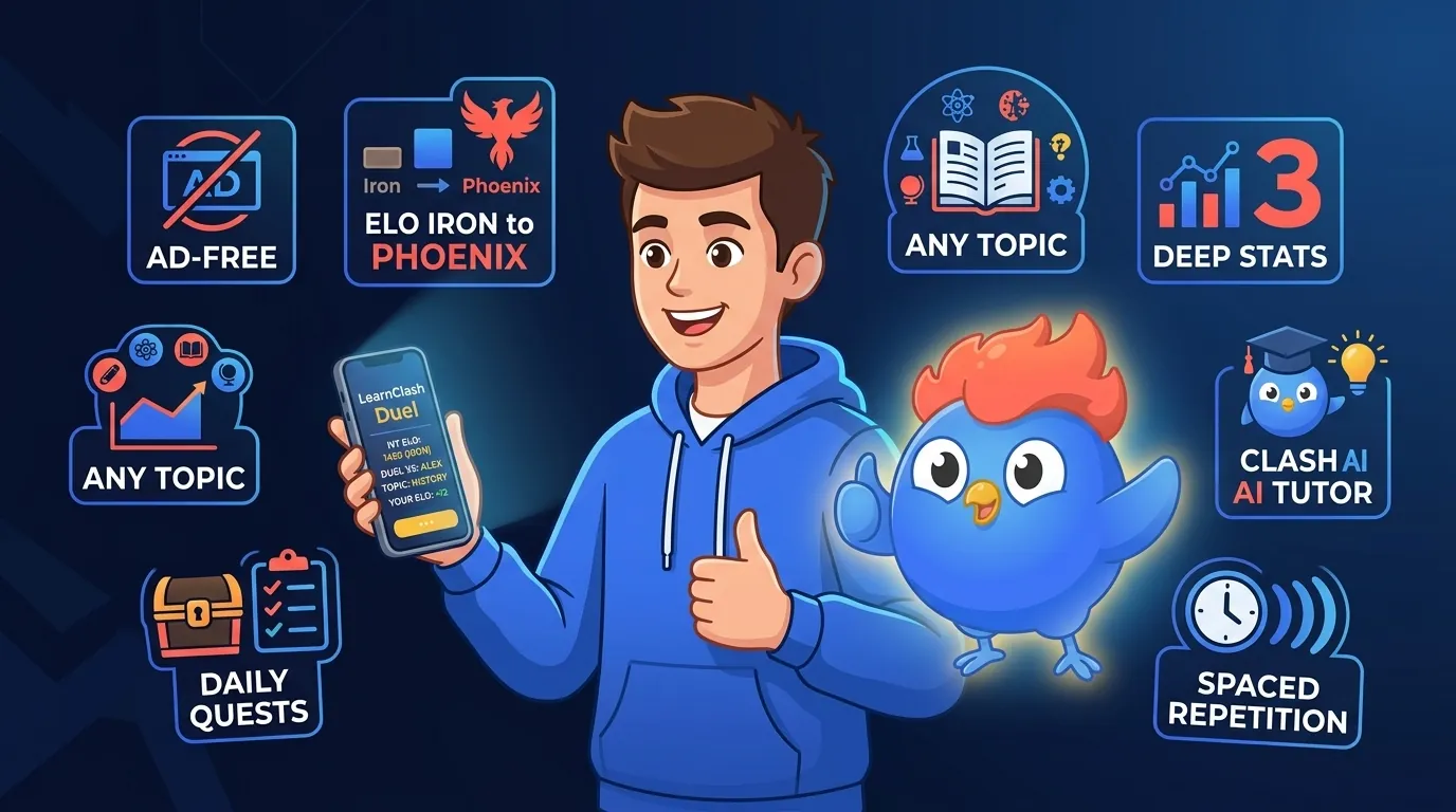 LearnClash persona illustration showing a confident learner holding a phone surrounded by feature badges including ad-free, ELO Iron to Phoenix, any topic, deep stats, daily quests, Clash AI tutor with the Clash mascot giving thumbs up