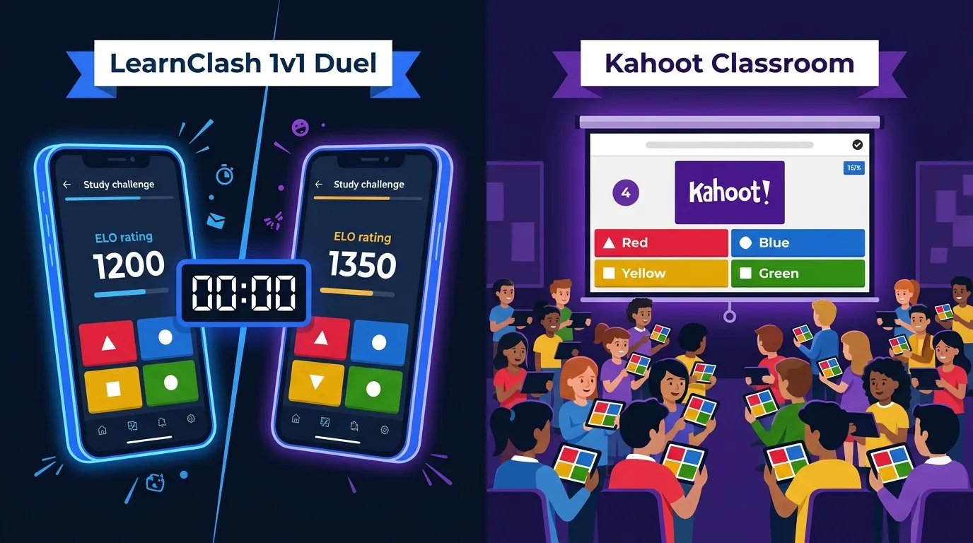 Split-screen: LearnClash 1v1 duel with two phones showing ELO ratings (1200 vs 1350) vs Kahoot classroom with projector screen and 20+ students on devices