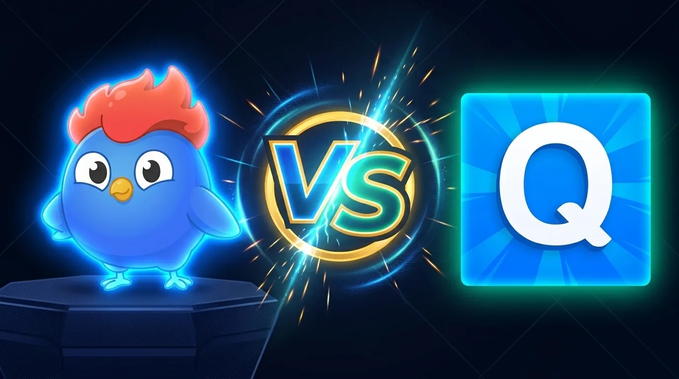 LearnClash vs QuizDuel comparison: LearnClash offers 8-tier ELO ranking and any topic, QuizDuel offers 20 fixed categories and points leaderboard