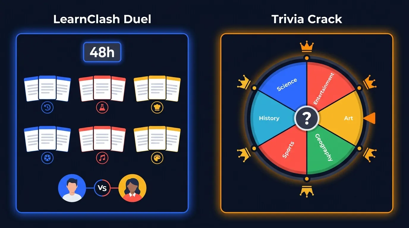 LearnClash duel with 18 questions across 6 topic groups (history, science, cooking, sports, music, art) and 48h timer vs Trivia Crack spinning wheel with 6 fixed categories and crown icons