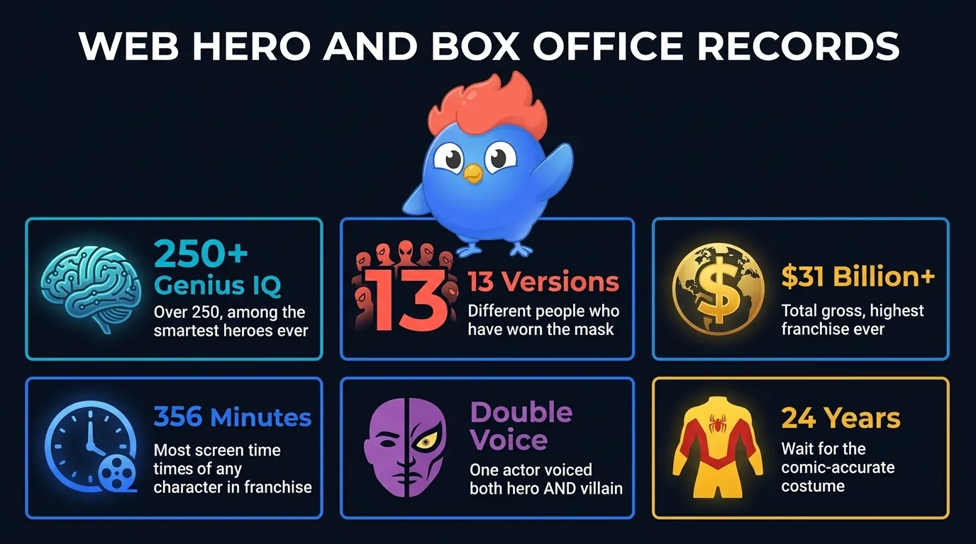Spider-Man and MCU records: Peter Parker's IQ exceeds 250, 13 different characters have been Spider-Man, the MCU has grossed over $31 billion, and Tony Stark has 356 minutes of screen time