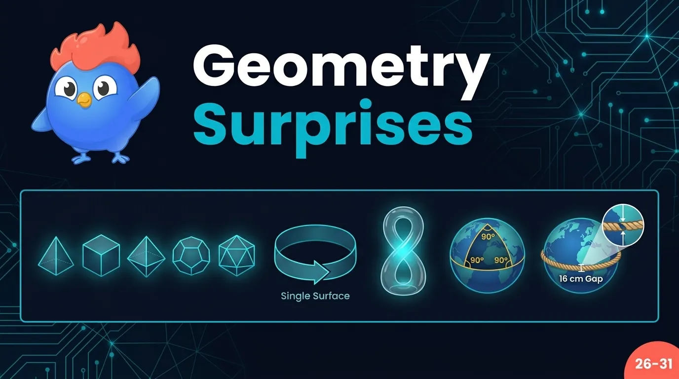 Five Platonic solids floating in a row, a Möbius strip being cut, a Klein bottle passing through itself, a globe with a triangle of three 90-degree angles, and a rope circling Earth with a 16 cm gap