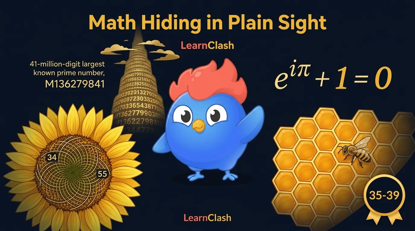 Sunflower head with 34 and 55 Fibonacci spirals marked, hexagonal honeycomb with a bee, Euler's identity e to the i pi plus 1 equals 0 in elegant script, and a towering stack of digits representing the 41 million digit largest known prime M136279841