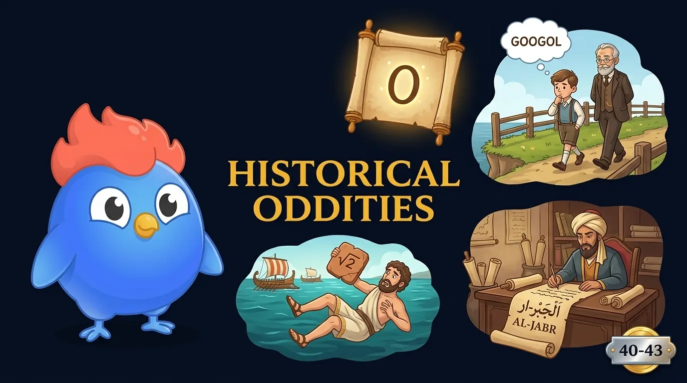Ancient Indian scroll with Brahmagupta's zero symbol, young boy Milton Sirotta inventing googol on a cliff walk, Hippasus falling into the Aegean Sea clutching a square-root-of-2 tablet, and al-Khwarizmi at his Baghdad desk writing al-jabr