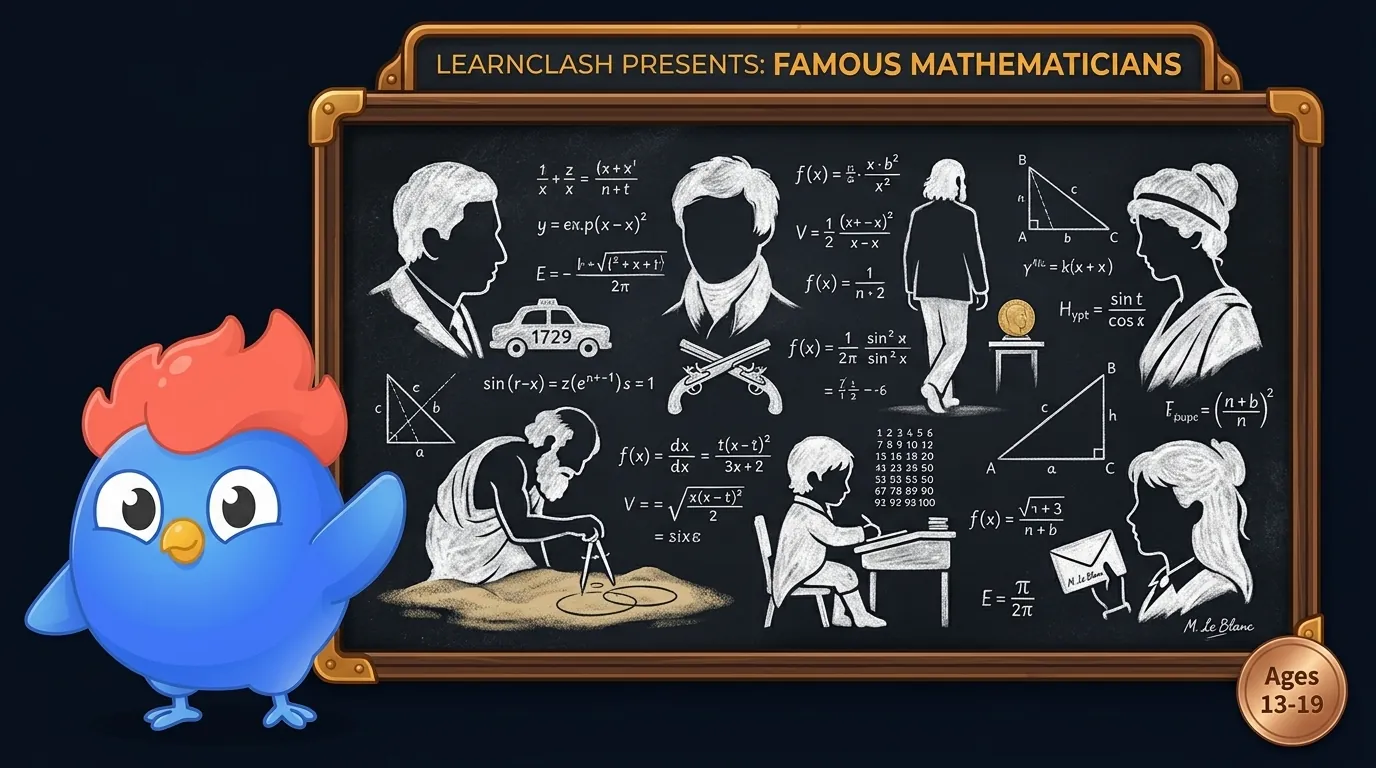 Chalkboard gallery of silhouetted mathematicians: Ramanujan with the number 1729, Galois with dueling pistols, Perelman walking away from Fields Medal, Hypatia, Archimedes, young Gauss, and Sophie Germain with a letter signed M. Le Blanc