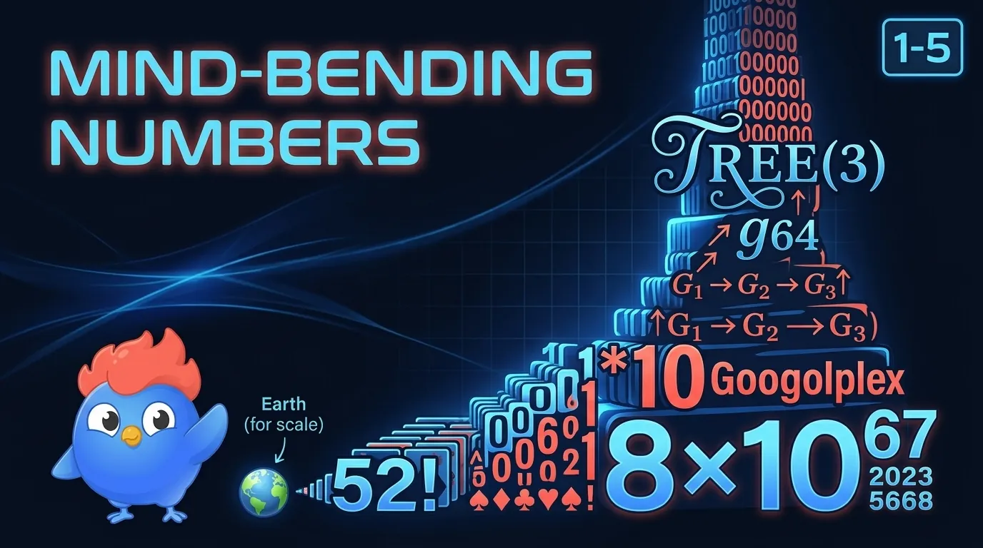 Cascading tower of impossibly large numbers showing 52 factorial, googolplex, Graham's number, TREE(3), and 2 to the 64th grains of wheat with tiny Earth for scale