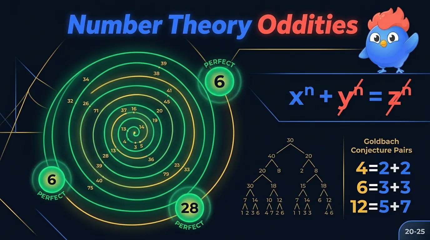 Glowing Ulam spiral of primes with perfect numbers 6, 28, and 496 highlighted, Fermat's equation x to the n plus y to the n equals z to the n crossed out, and a branching Collatz sequence tree