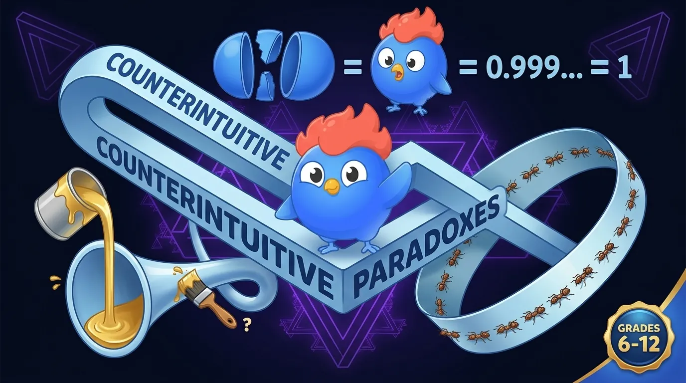 Gabriel's Horn pouring paint with infinite surface area, Möbius strip with ants walking, two identical spheres splitting from one, and 0.999 equals 1 inscription on a paradox-themed chalkboard