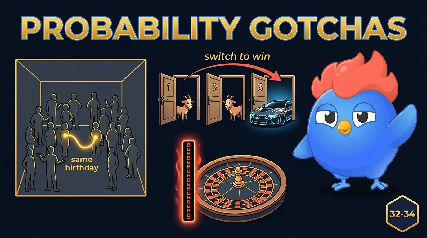 Room with 23 silhouettes with two highlighted sharing a birthday, three Monty Hall doors with two goats and one car, and a glowing roulette wheel showing 26 black results in a row