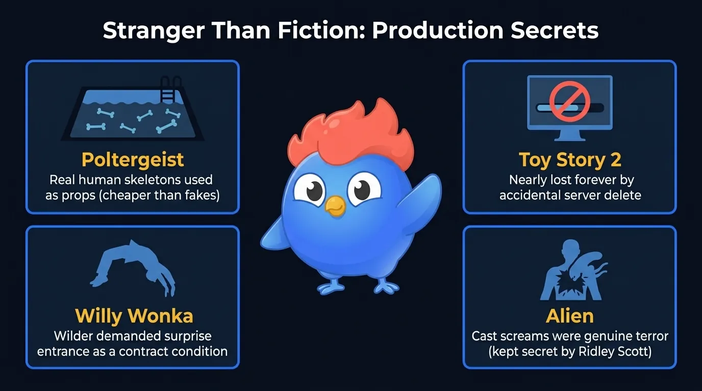Secrets de production : Poltergeist utilisait de vrais squelettes humains, Toy Story 2 a failli disparaître suite à une suppression accidentelle, Gene Wilder a exigé son entrée surprise pour Wonka, les cris du casting d'Alien étaient authentiques