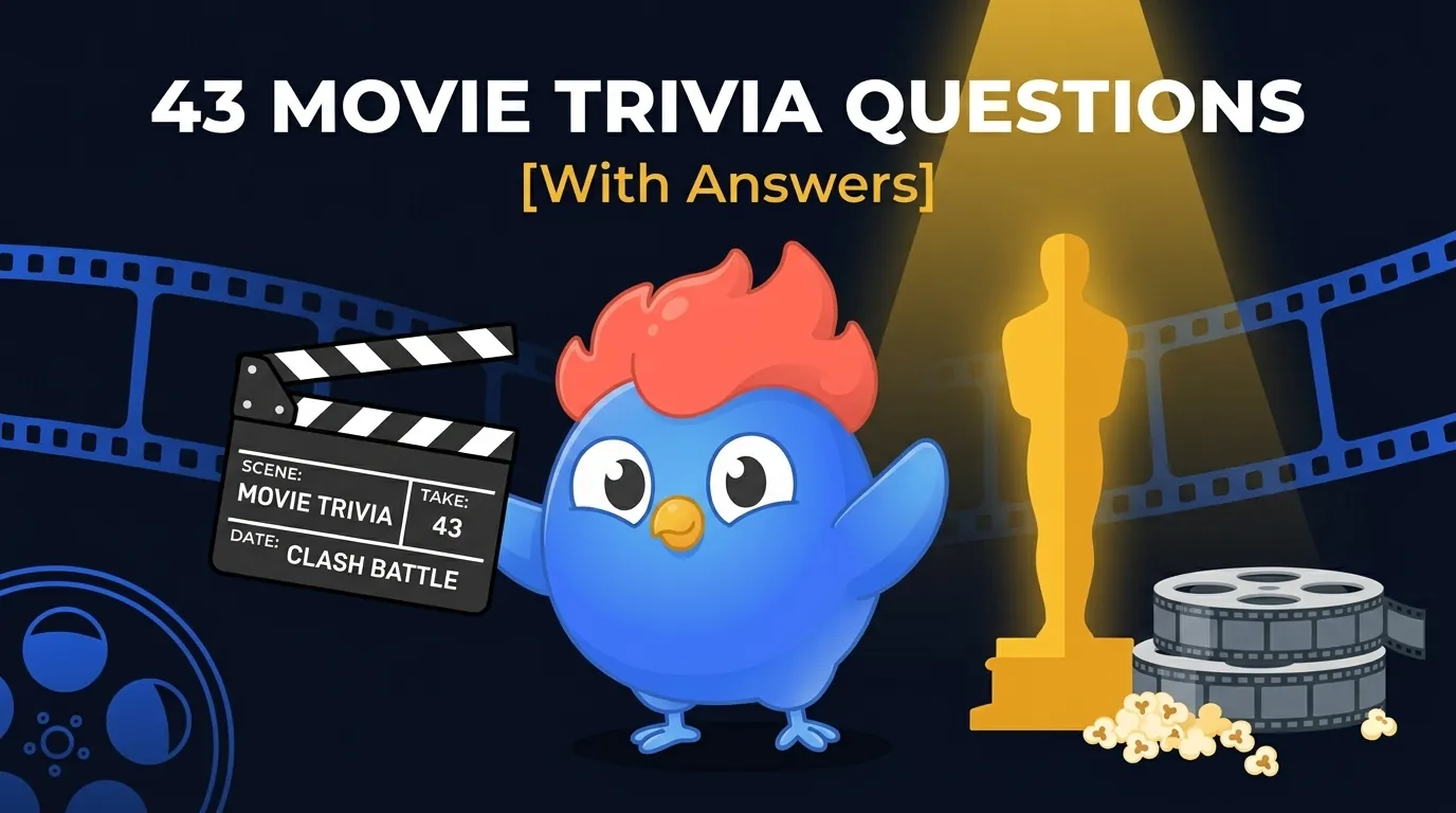 43 questions quiz cinéma en 5 catégories : répliques cultes, records aux Oscars, secrets de tournage, questions difficiles et questions faciles avec niveaux de difficulté