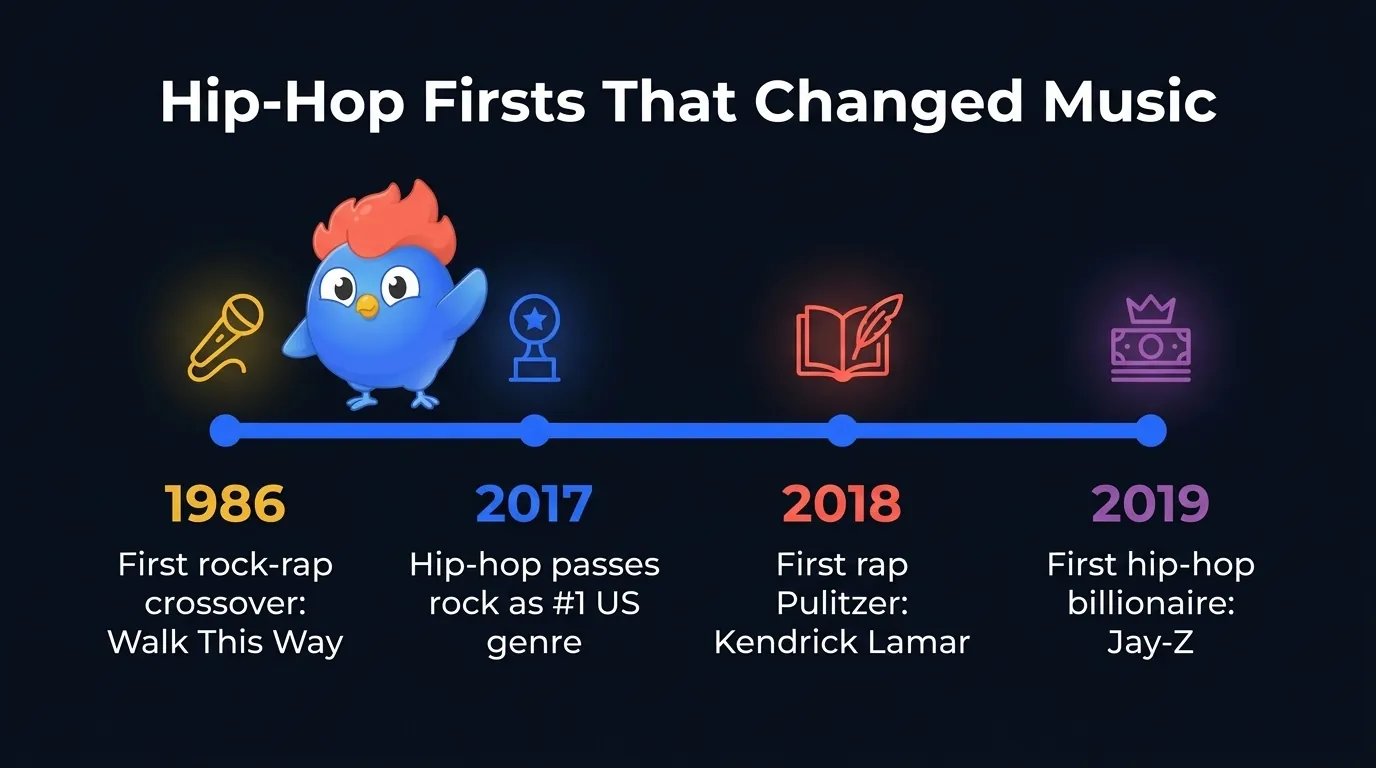 Hip-hop industry firsts timeline: first rock-rap crossover in 1986, hip-hop becomes number 1 US genre in 2017, first rap Pulitzer for Kendrick Lamar in 2018, first hip-hop billionaire Jay-Z in 2019