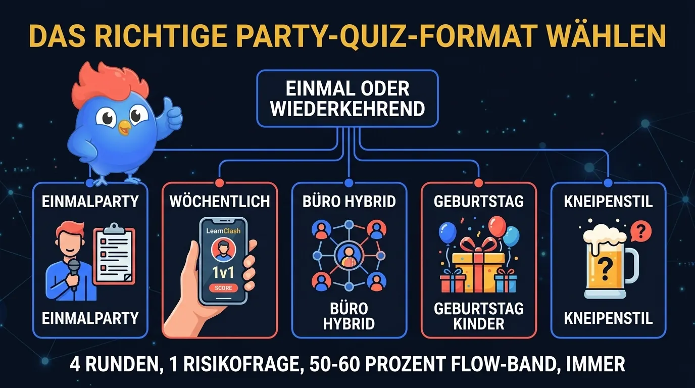 Entscheidungsbaum-Infografik mit fünf Party-Quiz-Format-Optionen: Live-Hostskript für Einmalpartys, LearnClash 1v1 Revanche-Duell für wöchentlich wiederkehrendes Spiel, hybride Bürofeier mit Teambuilding-Spielen, Geburtstagsparty mit Kinder-Aufwärmrunde, Bar-Quiz-Abend mit Stolperfallen, alle nach Gruppentyp und Wiederholrhythmus geroutet