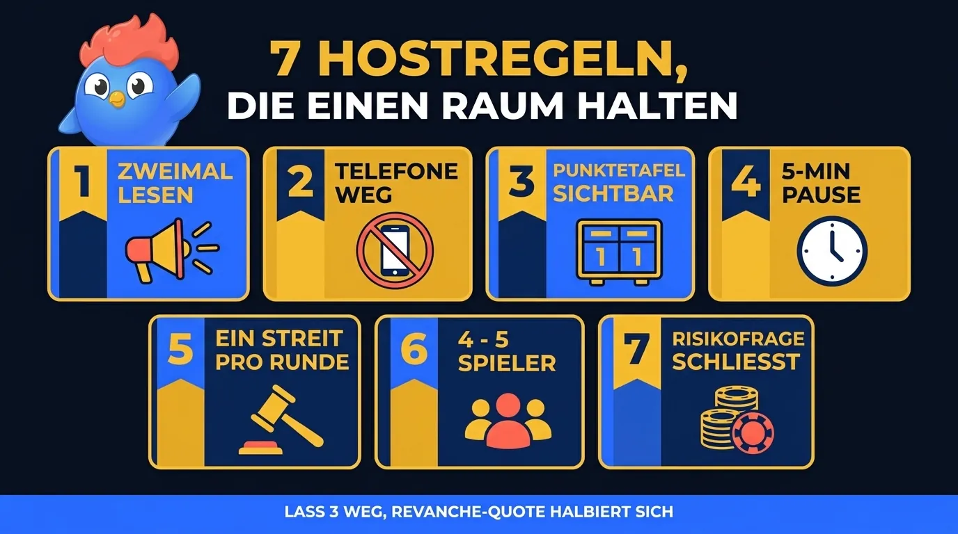 7 Hostregeln-Punktekarte: 1 jede Frage zweimal lesen, 2 Telefone vor Runde 1 weglegen, 3 Punktetafel sichtbar vor Punkteregeln, 4 fünf Minuten Pause zwischen Runde 2 und 3, 5 ein Streitfall pro Runde, 6 Teams bei 4 bis 5 Spielern begrenzen, 7 Risikofrage schließt den Abend