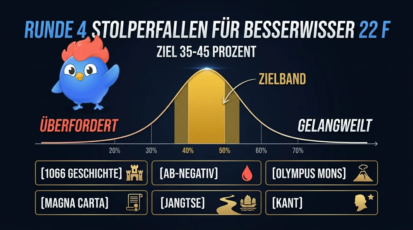 22 Stolperfallen-Kategorien für Runde 4: 1066 Hastings Harold II, AB negativ Blut, Challenger-Tief Marianengraben, Ordnungszahl 79 Gold, Abessinien Äthiopien, Fledermaus Dauerflug, Totes Meer Israel Jordanien, Salvador Dali zerfließende Uhren, Desoxyribonukleinsäure, Magna Carta 1215, Olympus Mons Mars, Gabriel Garcia Marquez, Straße von Gibraltar, Dong Vietnam Währung, tauber Beethoven Neunte, Sudan mehr Pyramiden als Ägypten, Yangtze längster Asiens, Dreißigjähriger Krieg 1618-1648, Einstein 1915 Relativität, Boxeraufstand China, Kant Kritik der reinen Vernunft, Dewey-Dezimalklassifikation 10 Klassen