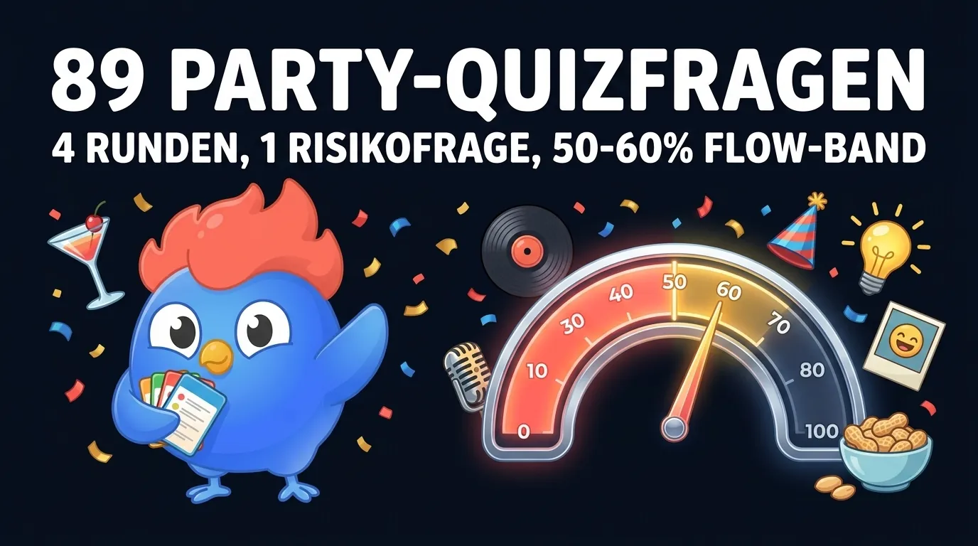 89 Party-Quizfragen über 4 Runden plus Risikofrage am Ende, kalibriert auf das 50-60 Prozent Flow-Band, das die Gruppe wach hält