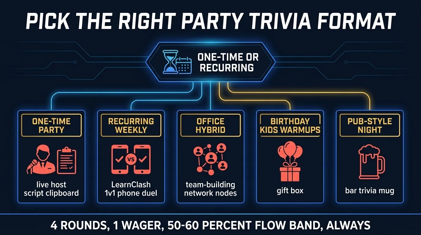 Decision-tree infographic showing five party trivia format choices: live host script for one-time parties, LearnClash 1v1 rematch duel for recurring weekly play, hybrid office party with virtual team-building games, birthday party with kids warmups, and pub-style night with bar trivia stumpers, all routed by group type and recurrence