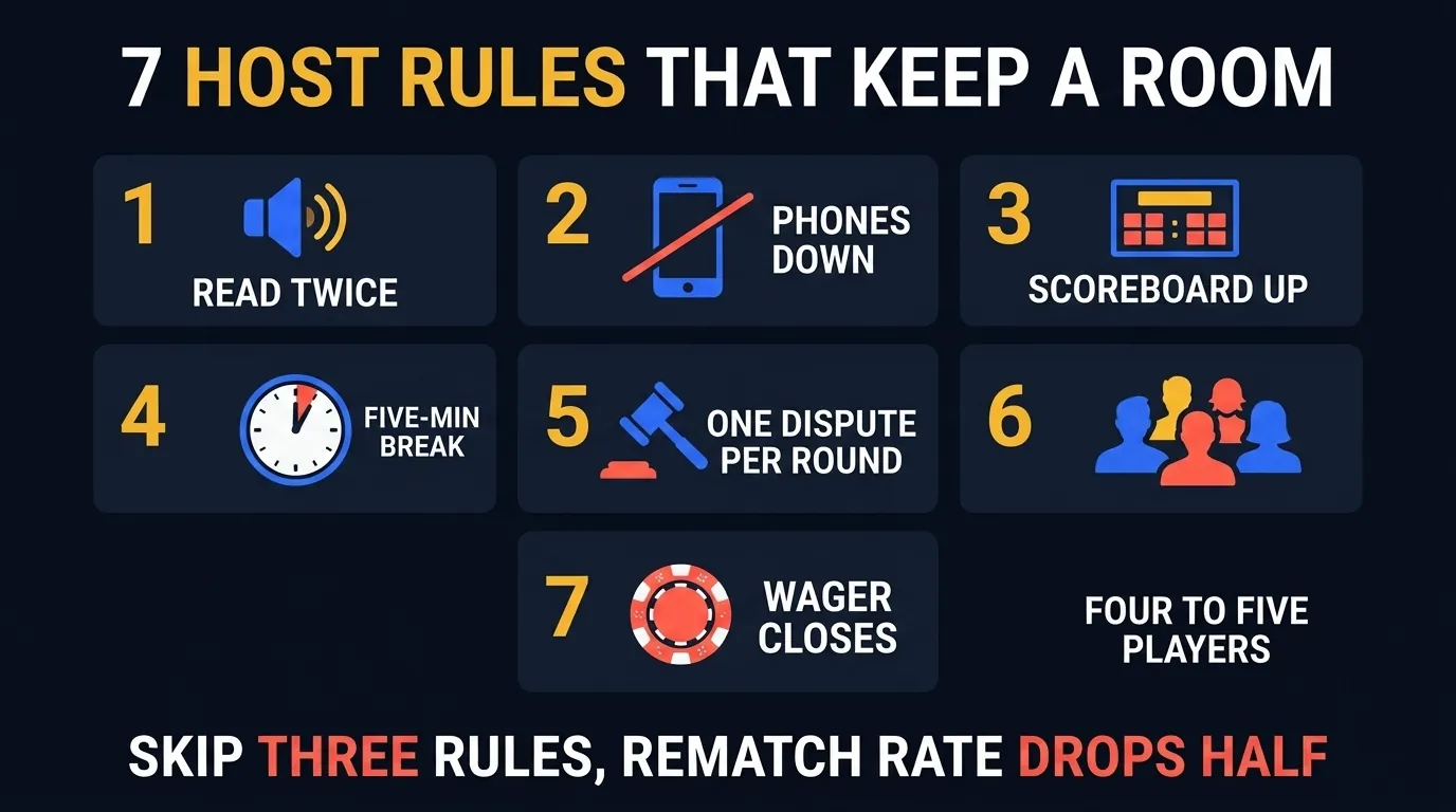 7 host rules scorecard: 1 read every question twice, 2 phones face-down before round 1, 3 visible scoreboard before scoring rules, 4 five-minute break between rounds 2 and 3, 5 one disputed answer per round, 6 cap teams at 4 to 5 players, 7 wager round closes the night