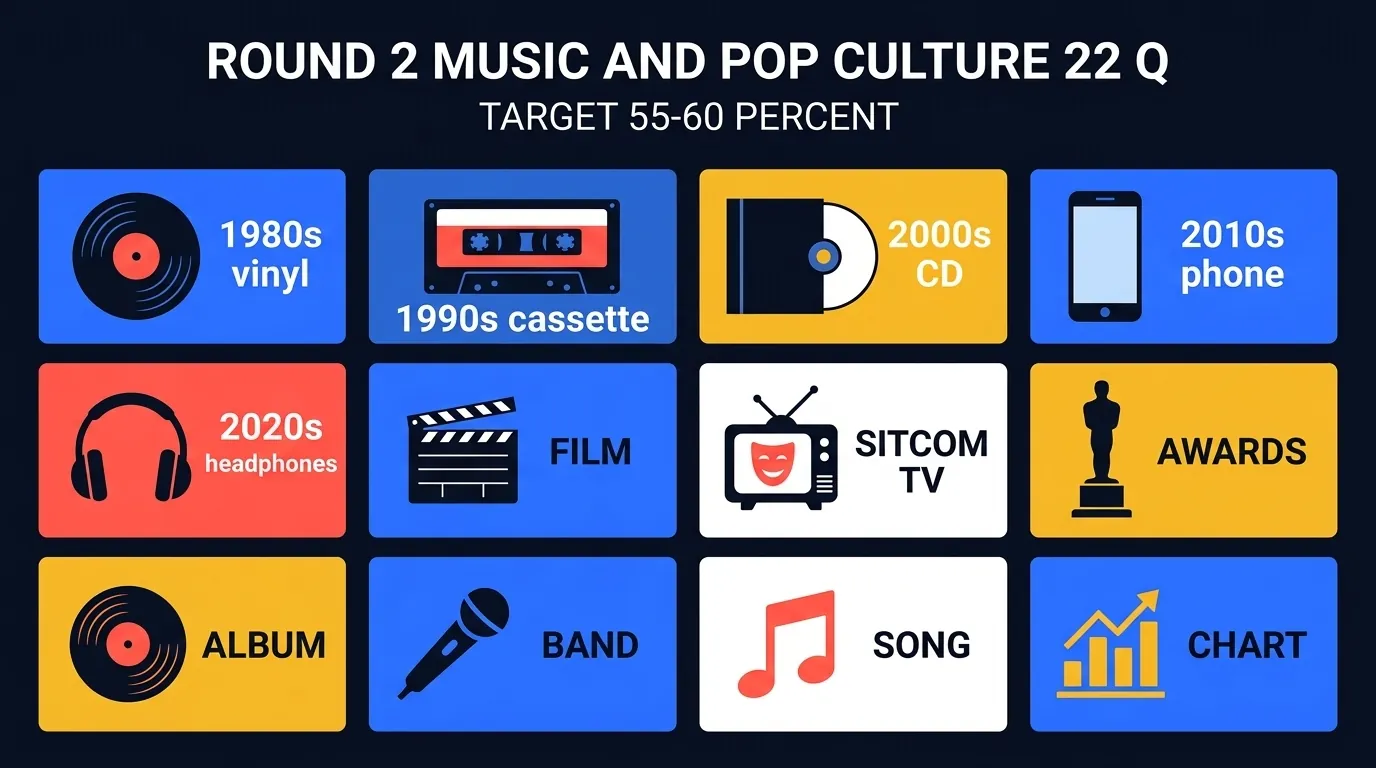 22 round 2 music and pop culture categories spanning 4 decades: Blinding Lights 2020, Nevermind 1991, Thriller 1982, Breaking Bad, Millennium Falcon, Up balloons, House of the Dragon, Old Town Road 19 weeks, Heath Ledger Joker, Titanic, Abbey Road, BTS Dynamite, Frozen Idina Menzel, Terminator, Parasite Bong Joon-ho, Parks and Recreation Pawnee, Lorde Pure Heroine, Back to the Future DeLorean, Miles Davis trumpet, Backstreet Boys, Avengers Endgame, Moana