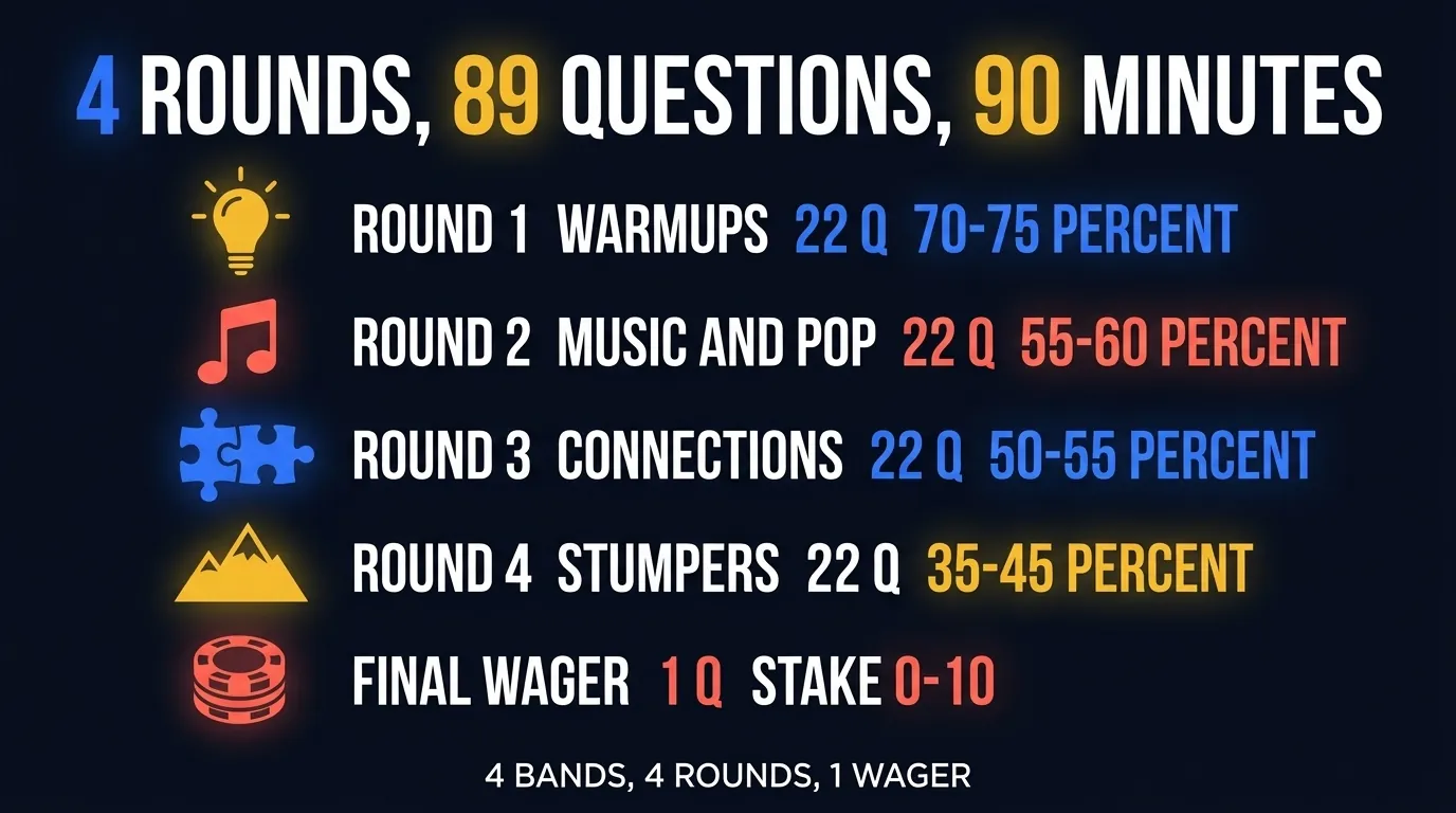 4-round party trivia setup table: round 1 warmups 22 questions at 70-75% accuracy band, round 2 music and pop culture 22 questions at 55-60%, round 3 connections and wordplay 22 questions at 50-55%, round 4 show-off stumpers 22 questions at 35-45%, plus 1 wager final, total 90 minutes