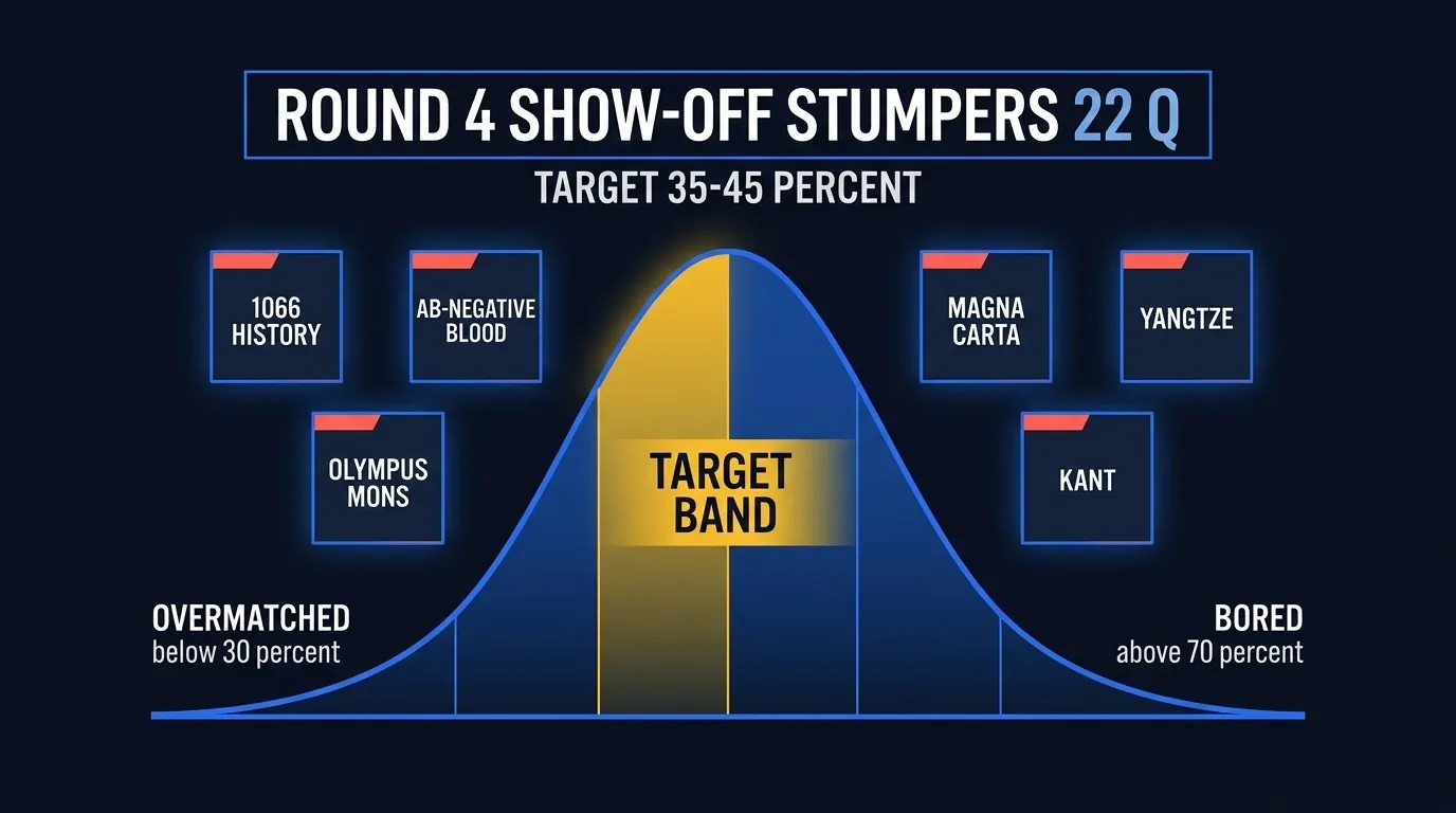 22 round 4 stumper categories: 1066 Battle of Hastings Harold II, AB negative blood, Challenger Deep Mariana Trench, atomic 79 gold, Abyssinia Ethiopia, bat sustained flight, Dead Sea Israel Jordan, Salvador Dali melting clocks, deoxyribonucleic acid, Magna Carta 1215, Olympus Mons Mars, Gabriel Garcia Marquez, Strait of Gibraltar, Dong Vietnam currency, deaf Beethoven Ninth, Sudan more pyramids than Egypt, Yangtze longest Asia, Thirty Years War 1618-1648, Einstein 1915 relativity, Boxer Rebellion China, Kant Critique Pure Reason, Dewey Decimal 10 classes