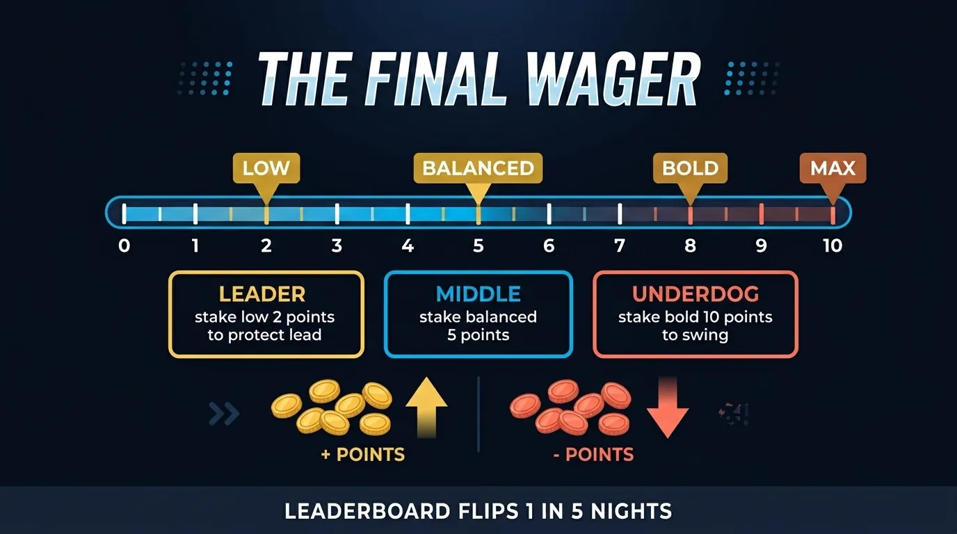 Final wager round mechanics graphic: team stakes 0 to 10 points before answer reveal. Leader plays safe with low stake. Underdog plays bold with high stake. Stake is added if correct, subtracted if wrong. Leaderboard flips 1 in 5 nights.