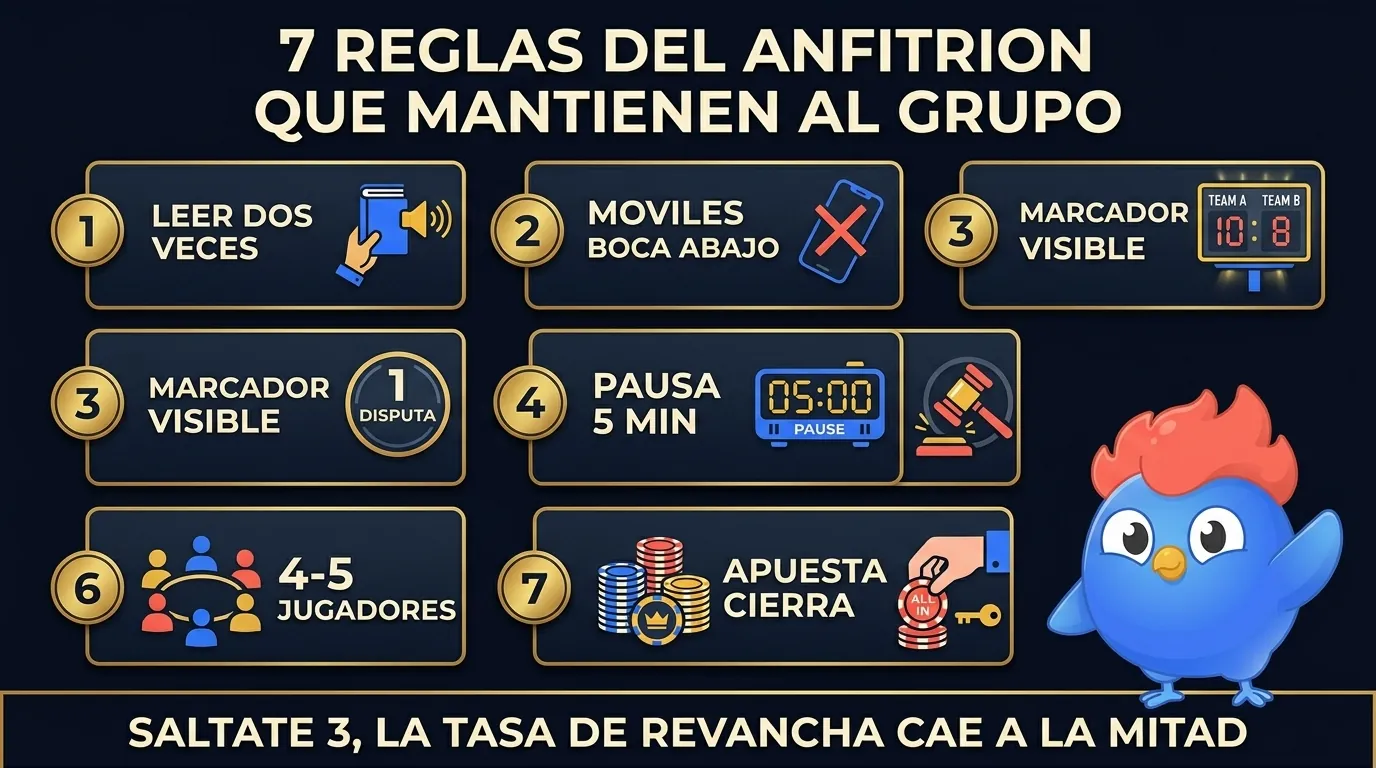 Tarjeta de puntuación de las 7 reglas del anfitrión: 1 leer cada pregunta dos veces, 2 móviles boca abajo antes de la ronda 1, 3 marcador visible antes de las reglas de puntos, 4 pausa de cinco minutos entre rondas 2 y 3, 5 una disputa por ronda, 6 limitar equipos a 4 o 5 jugadores, 7 la apuesta cierra la noche